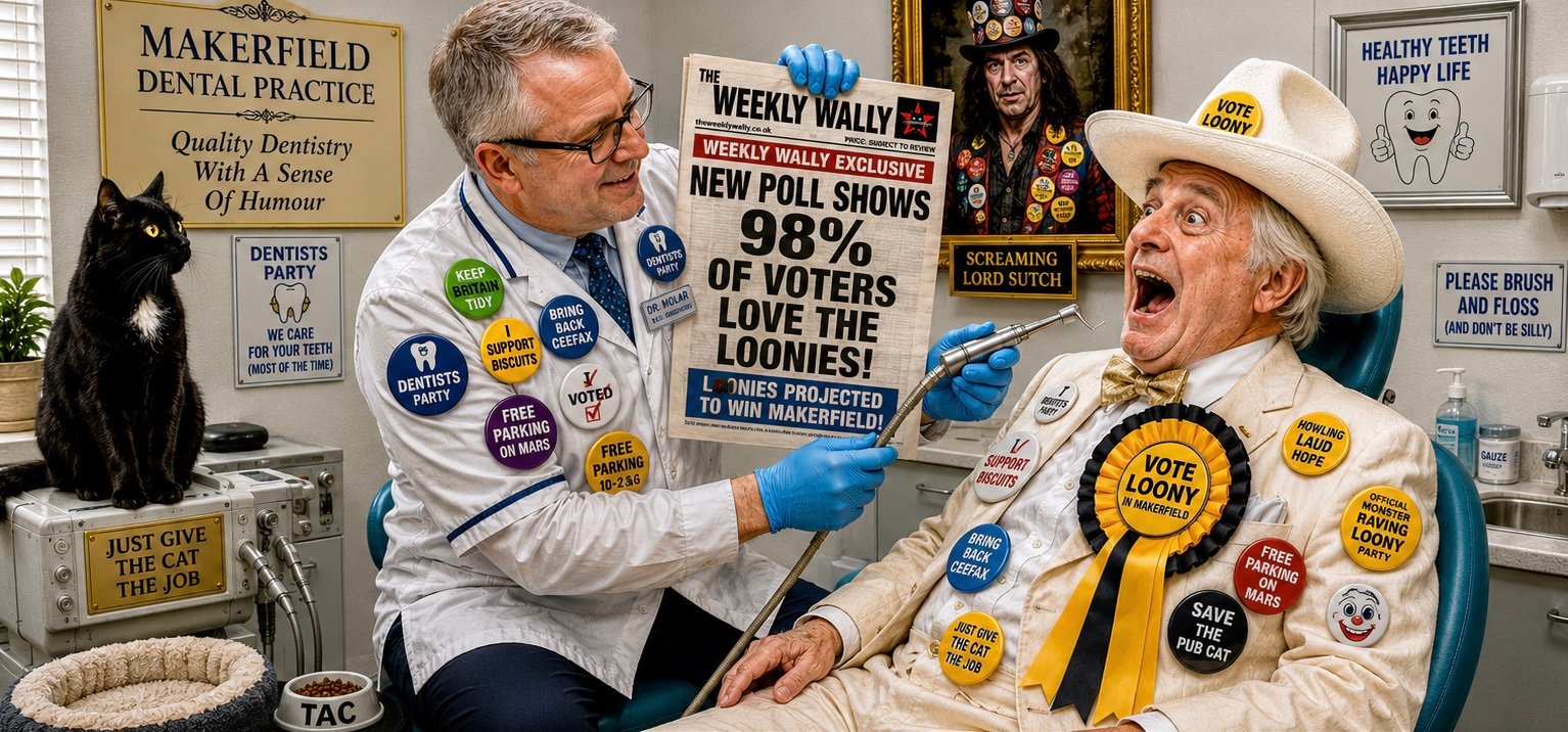 A dentist examines a startled Loony Party candidate covered in campaign badges while Tac sits nearby and a newspaper headline is held behind them.