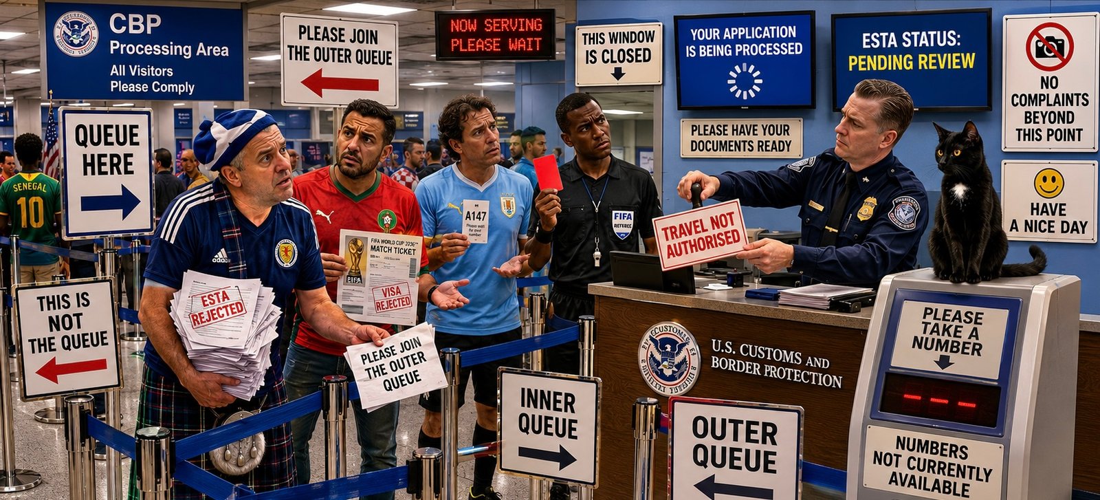 Football supporters wait among several confusing queue signs at a border-processing desk while an official holds paperwork and Tac sits on the counter.