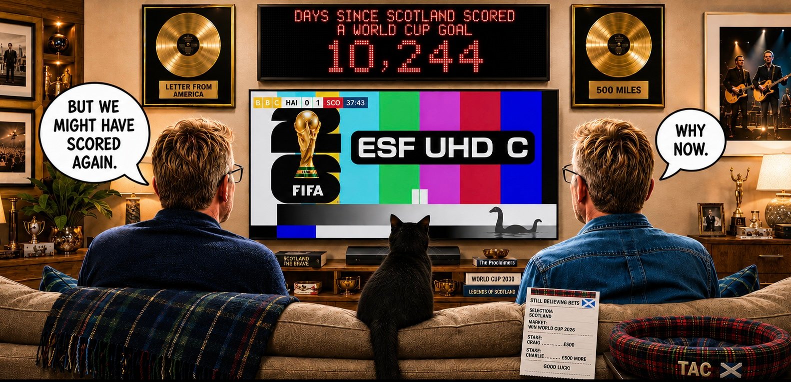 Two Scotland supporters and Tac face a television beneath an electronic counter showing 10,244 days since Scotland scored a World Cup goal.