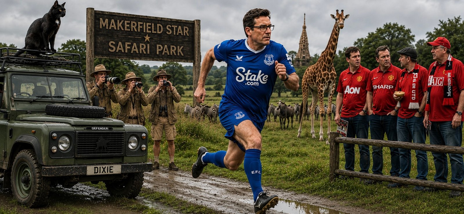 A man in an Everton shirt runs through a safari park while Manchester United supporters watch from behind a fence and wildlife photographers look on.