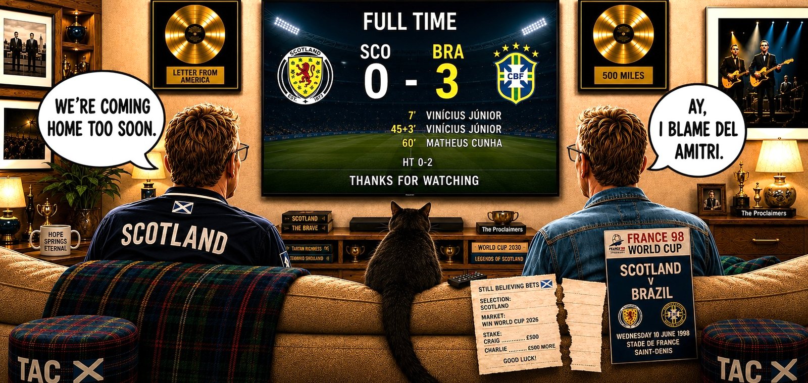 Two Scotland supporters and Tac sit facing a television showing Scotland losing nil to three, with football memorabilia around the room.