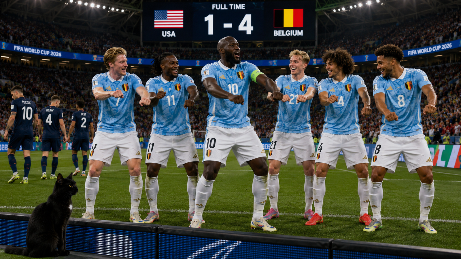 Belgium players celebrate a four to one win over the United States while Tac watches from beside the pitch.