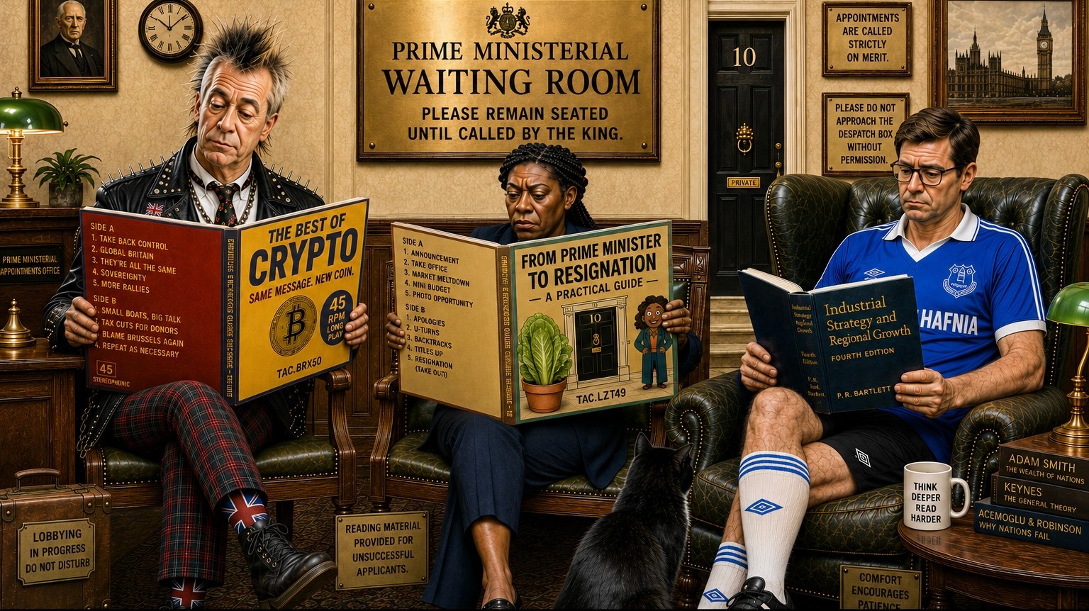Political figures sit reading in a Prime Ministerial Waiting Room while Tac sits nearby.