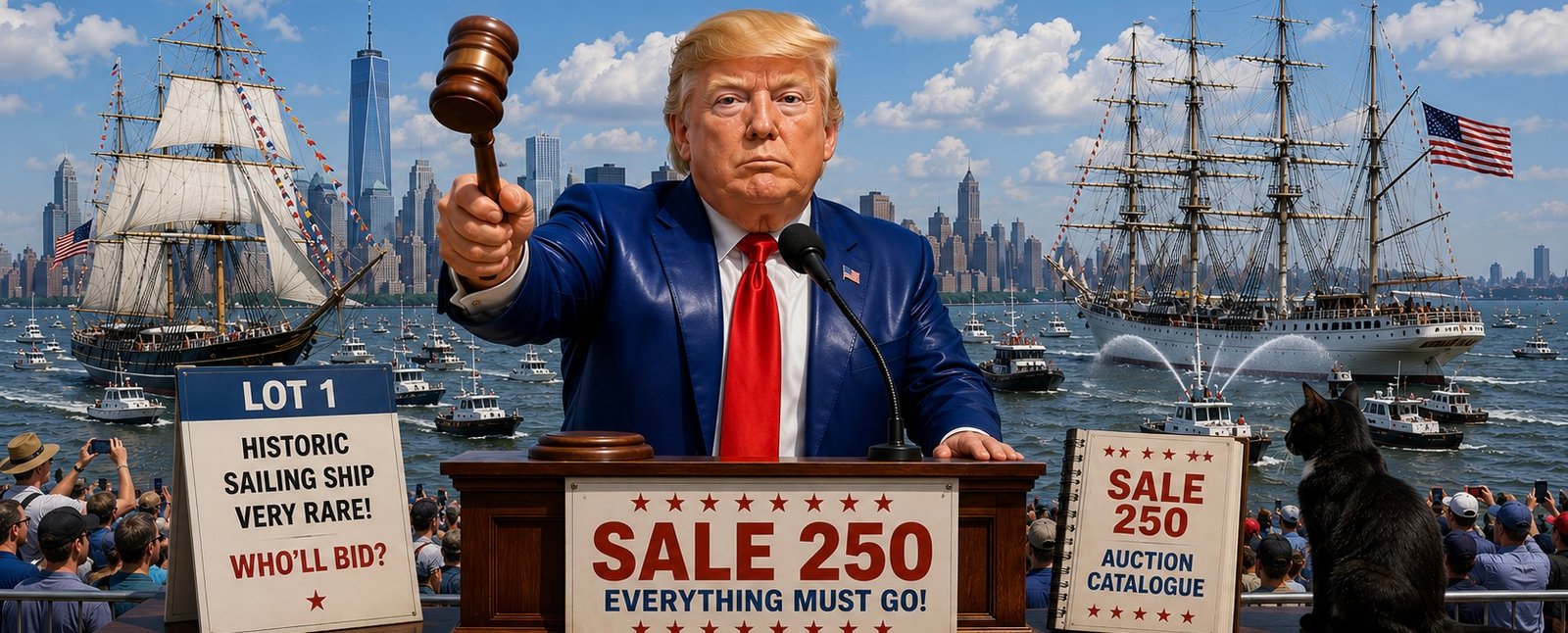 Donald Trump stands at an auction podium with a gavel in front of historic sailing ships while Tac sits nearby.