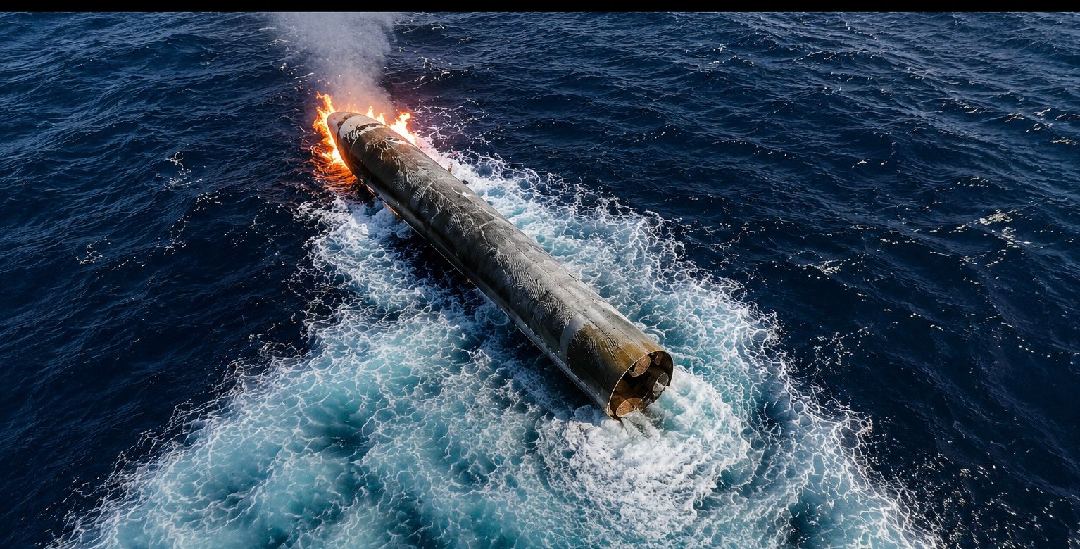 A long rocket-shaped object moves through dark blue ocean water, leaving a white wake, with flames burning at one end.