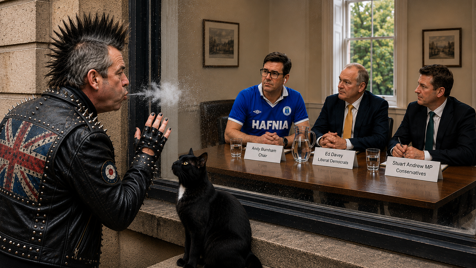 A punk-styled man stands outside an open window speaking to three seated politicians inside, while Tac, a black cat with a small white chest patch, looks up from the windowsill.