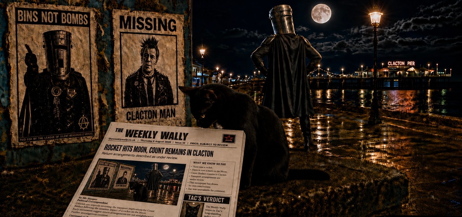 At night on Clacton seafront, Count Binface stands with his back to the viewer looking towards the full Moon. Tac looks down at a copy of The Weekly Wally beside posters reading Bins Not Bombs and Missing Clacton Man.