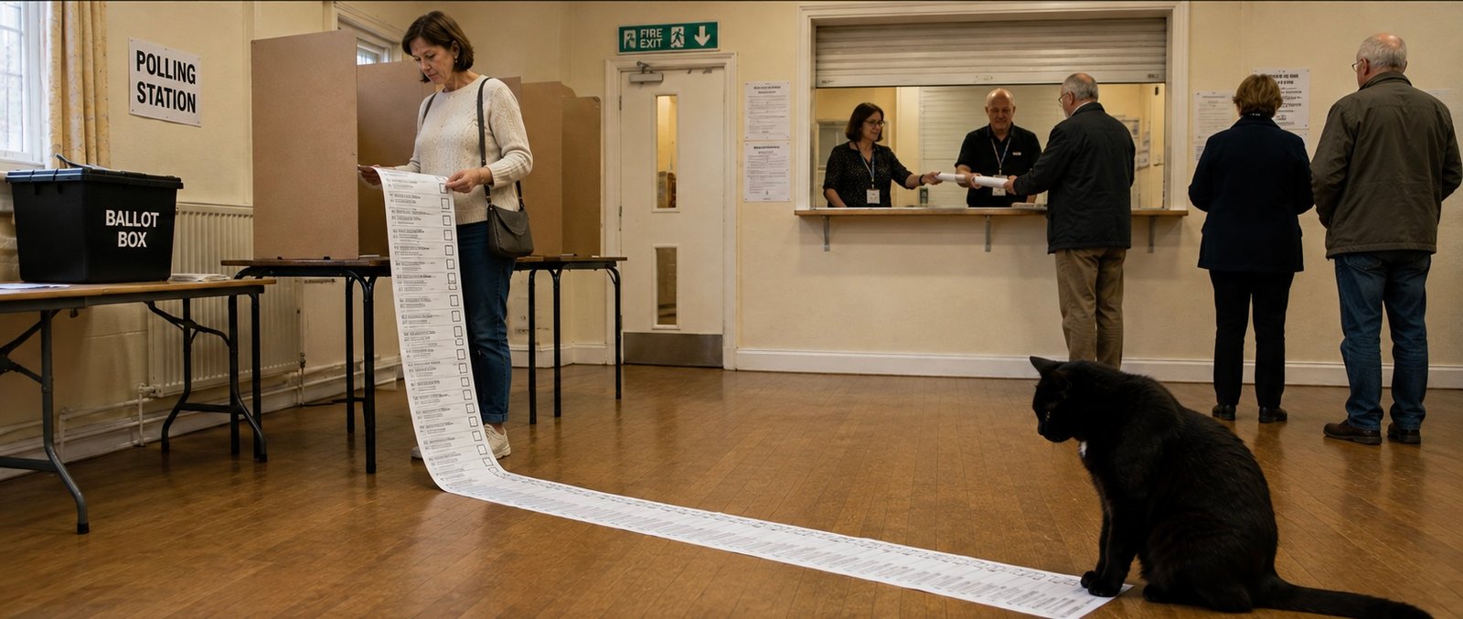 Inside a polling station, a voter studies an exceptionally long ballot paper that unrolls across the floor. Polling staff continue their work while Tac sits beside the paper and watches it. The printed names on the ballot are not readable.