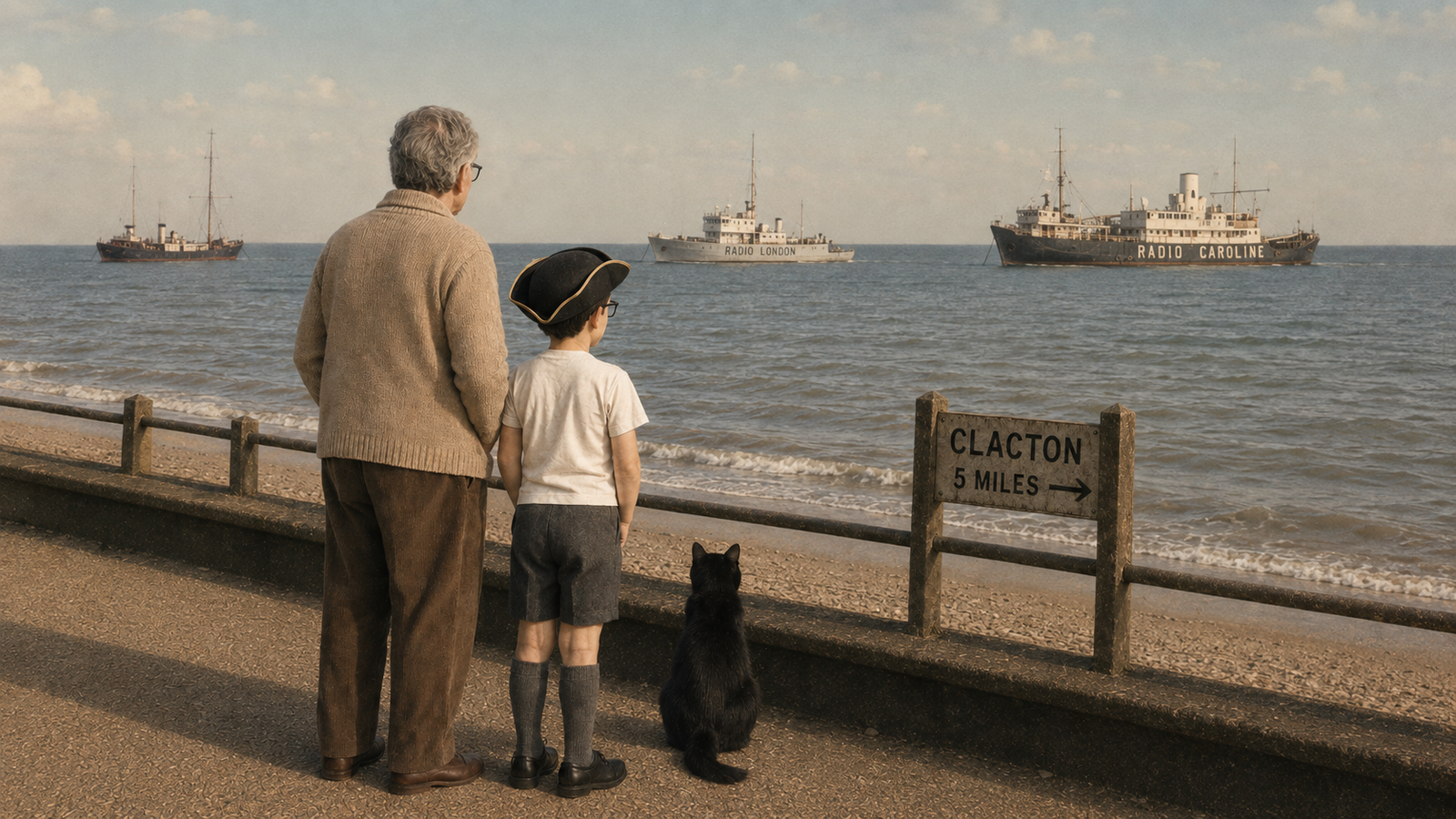 A deliberately aged 1967-style seaside photograph. An older man, a boy in a black pirate hat and Tac are seen from behind on the Frinton seafront looking towards three offshore radio ships. A weathered sign points right towards Clacton, five miles away.