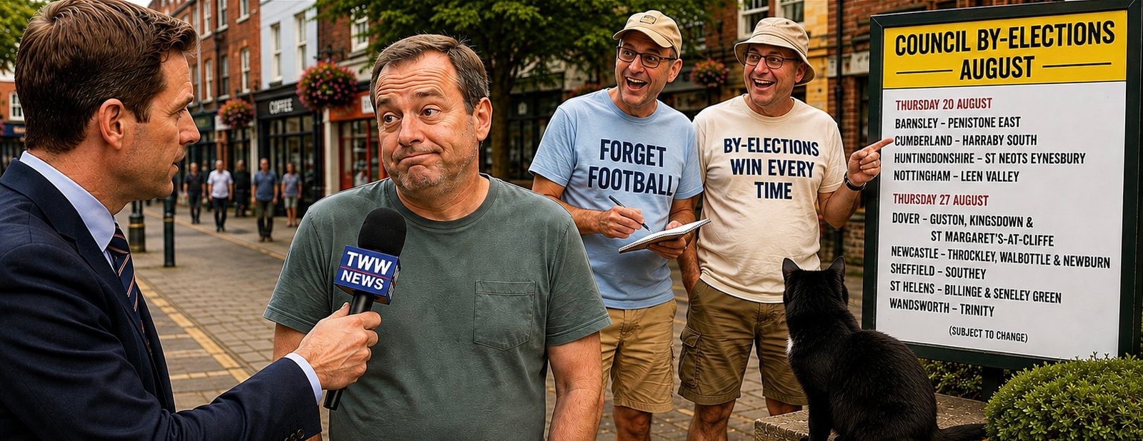 A television reporter holds a microphone toward an unenthusiastic man on a high street. Behind them, two enthusiastic men in short-sleeved shirts watch a noticeboard headed Council By-Elections August; one holds a notebook and the other points at the list of dates and wards. A black cat with a small white chest patch sits below the board.