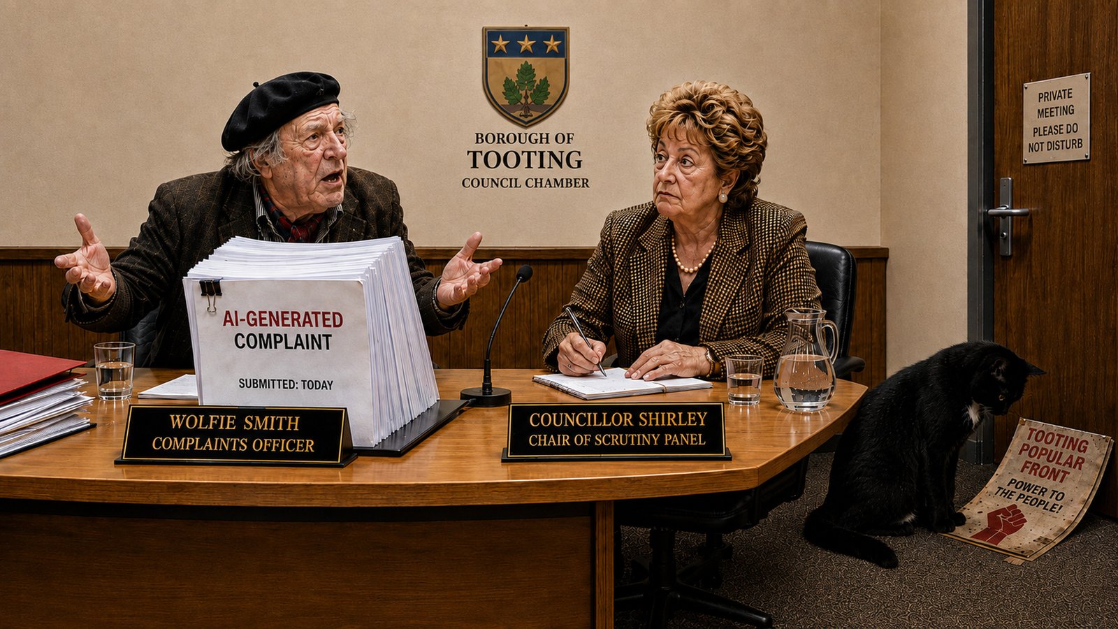 An elderly man in a black beret gestures beside a thick binder labelled AI-Generated Complaint at a Tooting council hearing. Councillor Shirley sits opposite taking notes, while Tac, a black cat with a small white chest patch, looks down at a discarded Tooting Popular Front poster reading Power to the People.