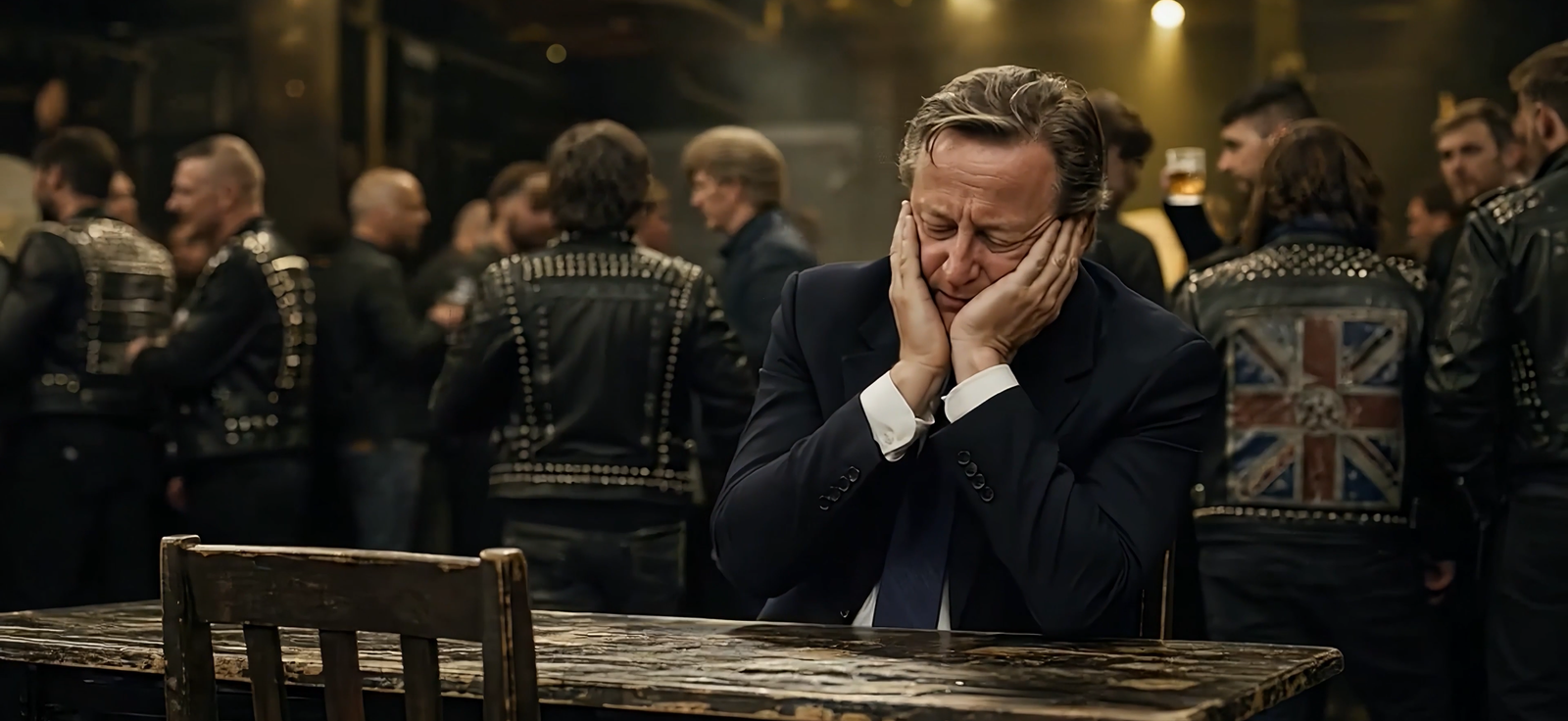 A suited man sits at a battered wooden table with his face in his hands while a crowd in studded leather jackets gathers behind him under warm venue lights.