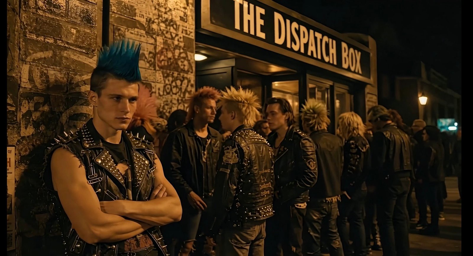 A black-and-white punk-style scene outside a venue called The Dispatch Box, with a queue of people in punk clothing waiting beneath posters and Chamber Records branding.