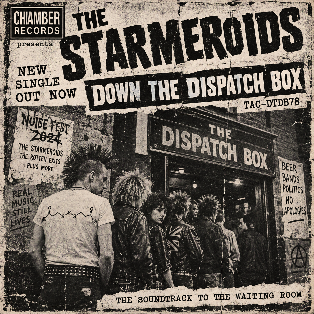 Chamber Records advert for The Starmeroids' Down The Dispatch Box, showing a punk queue outside The Dispatch Box venue and announcing the new single out now.