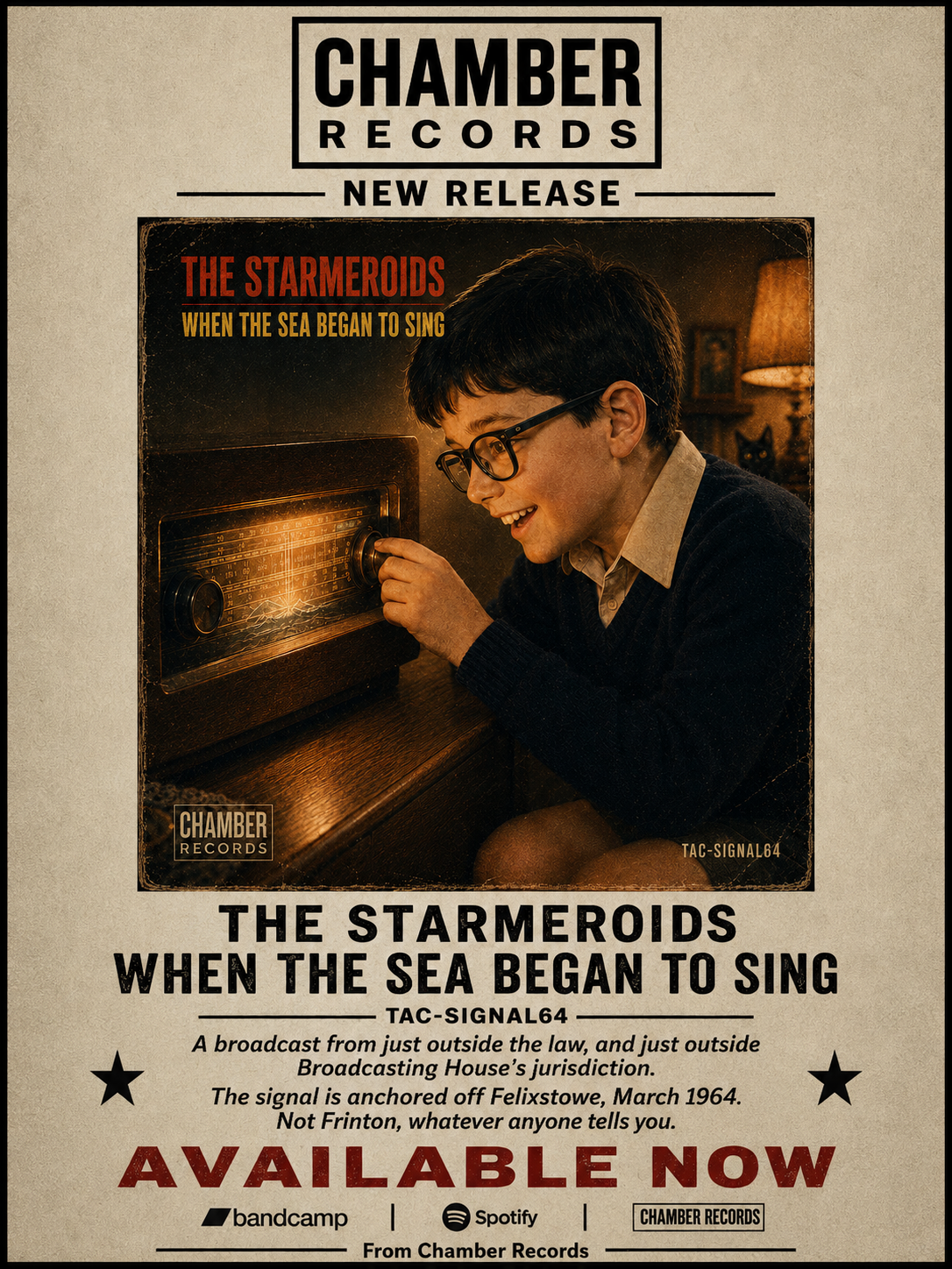 Chamber Records advert for The Starmeroids' When the Sea Began to Sing. The record sleeve shows a delighted young boy in glasses leaning toward a glowing wooden radio as he turns the tuning knob in a warmly lit 1960s living room. The advert carries the title, catalogue number TAC-SIGNAL64 and the words Available Now.