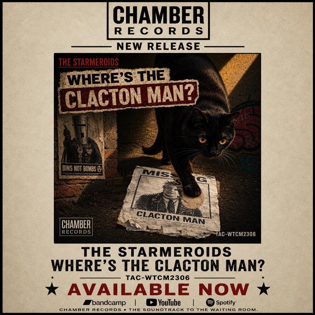 A vintage-style Chamber Records advert showing Tac beside a missing-person poster for Where’s the Clacton Man.